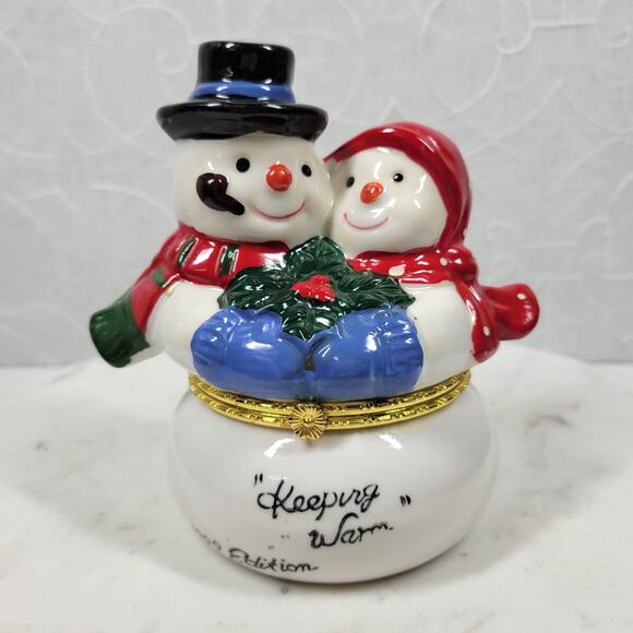 VTG Snowman Lot Yankee Candle Jar Light Holder Couple Hinged Trinket Box 1999 - Picture 14 of 16